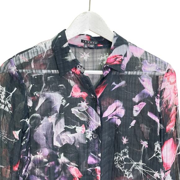 Theory Women's Size TP Black Sheer Silk Blend Floral Print Button Down Shirt - Picture 2 of 7